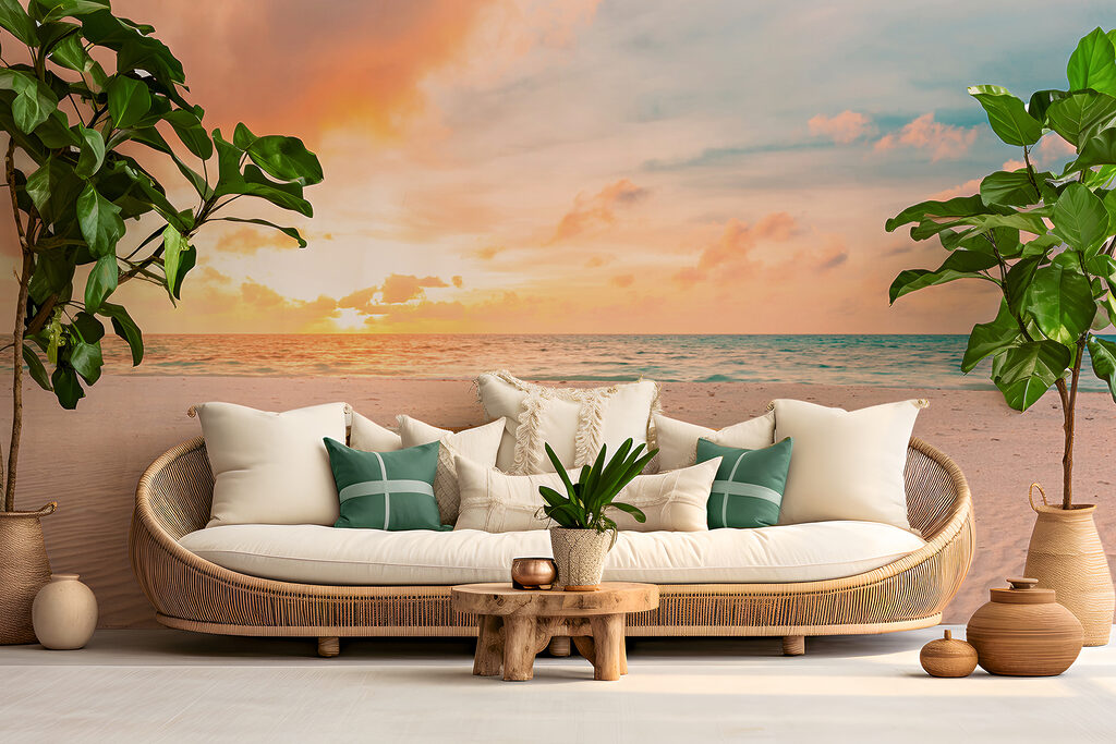 A sandy beach with waves and a sunset A sandy beach with waves and a sunset