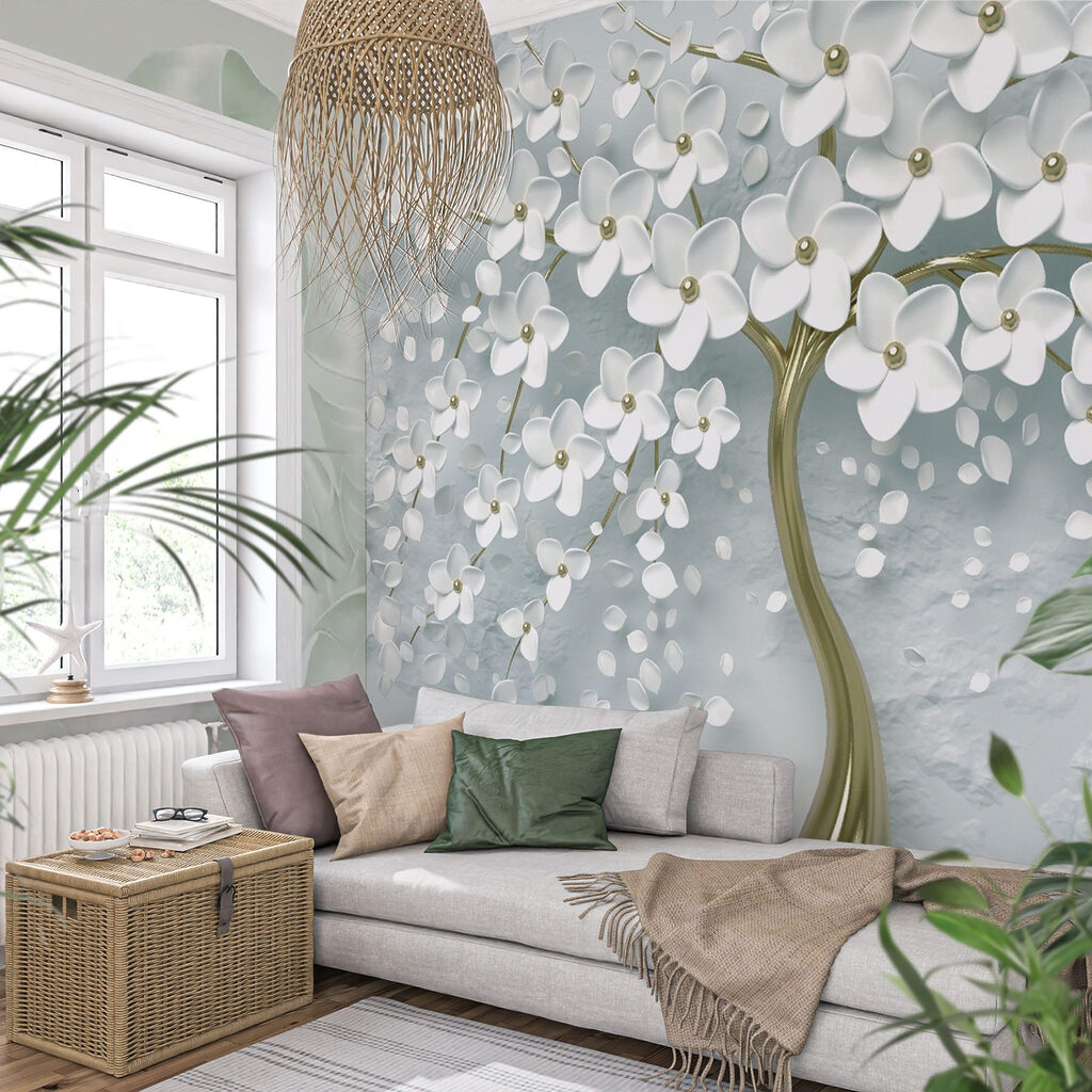 Tree with white flowers on a grey background Tree with white flowers on a grey background