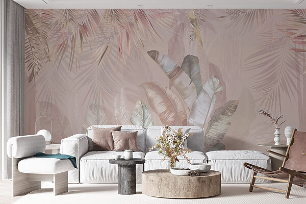 Tropical leaves in soft pastel hues. Tropical leaves in soft pastel hues.