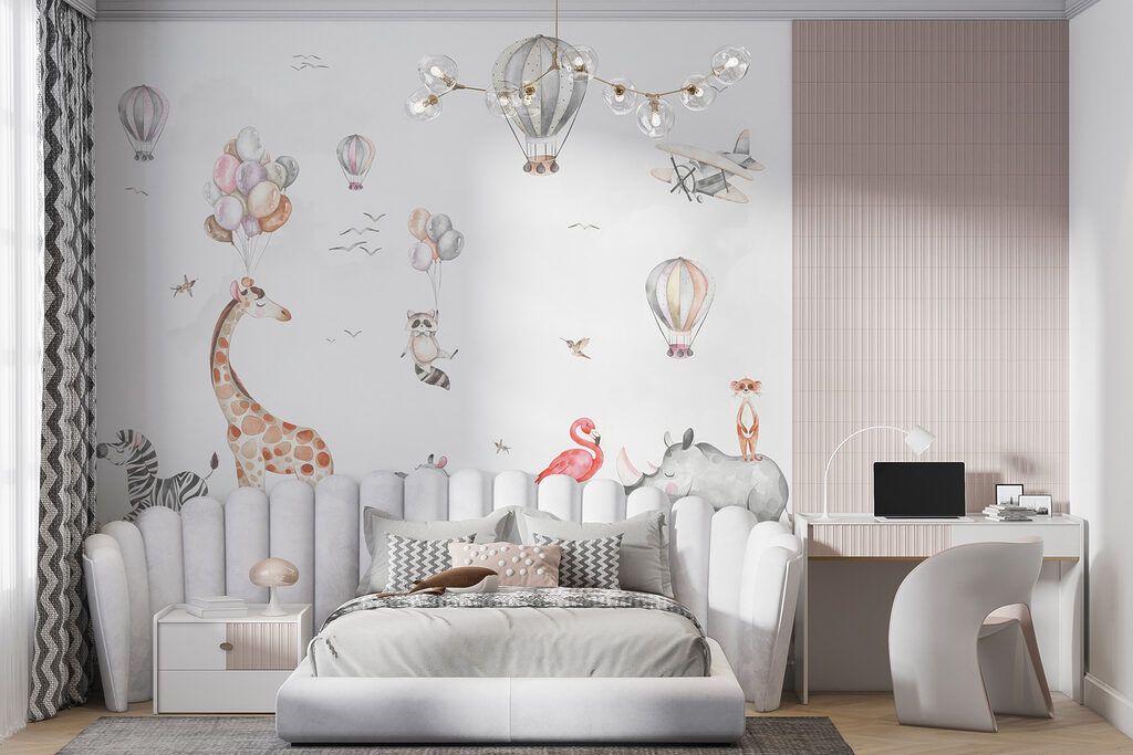 Wall mural of animals and hot air balloons