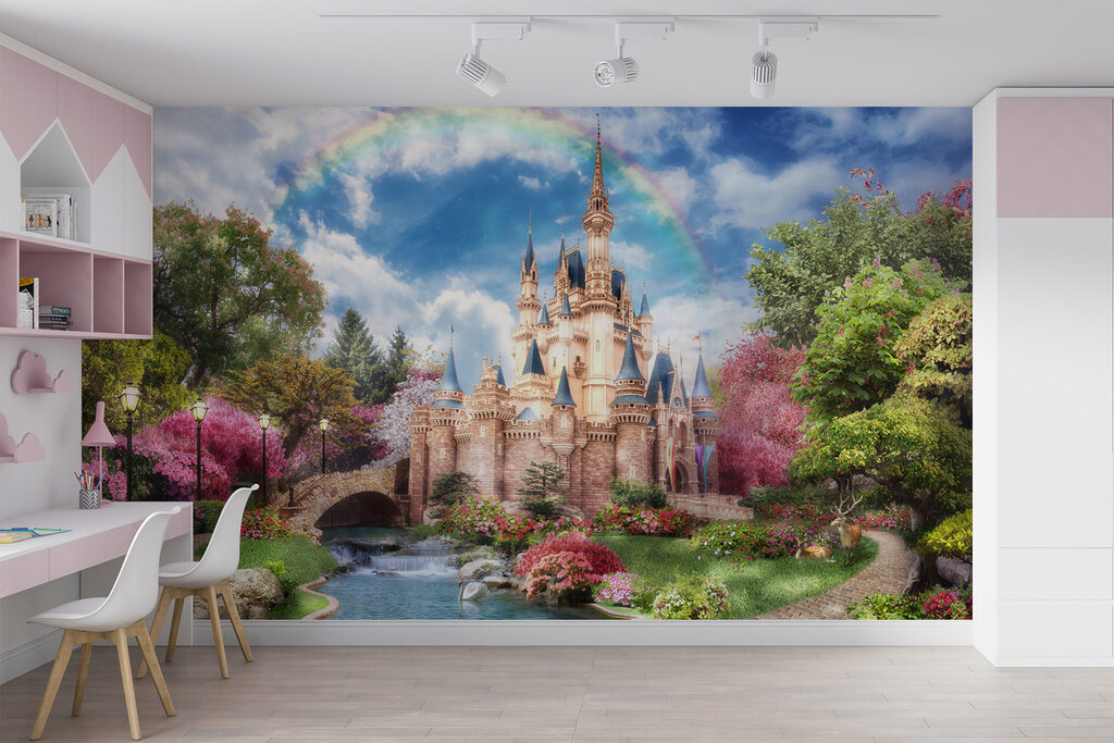 Castle with a pond and a rainbow Castle with a pond and a rainbow