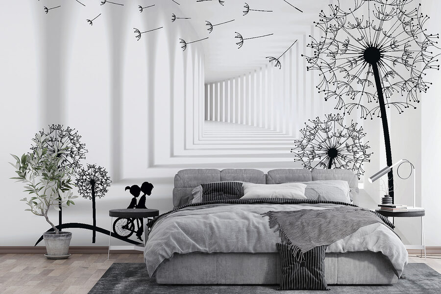 Girl riding a bike in a room with dandelions