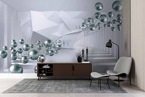 White room with white walls and white columns and silver balls White room with white walls and white columns and silver balls