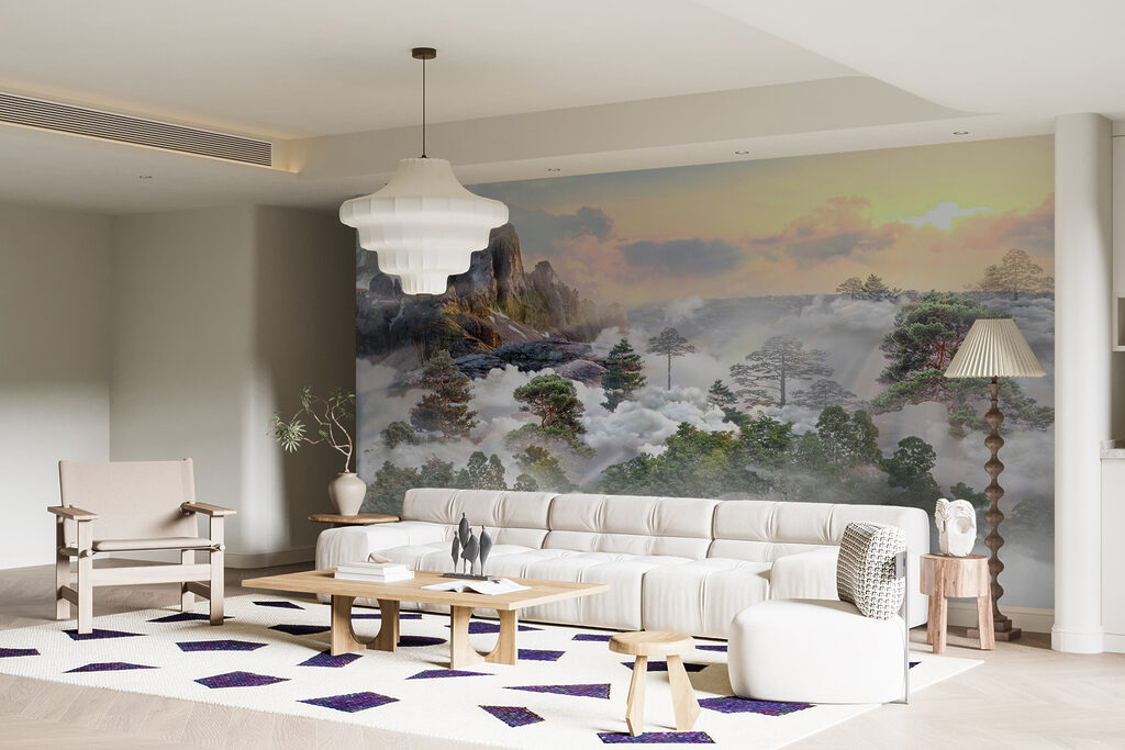 Mountain with trees and clouds