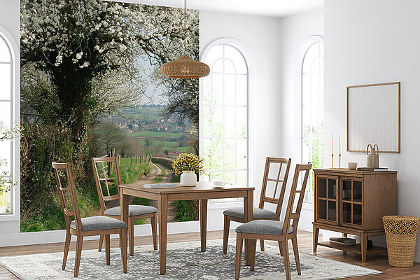 Dirt road with white flowers on it