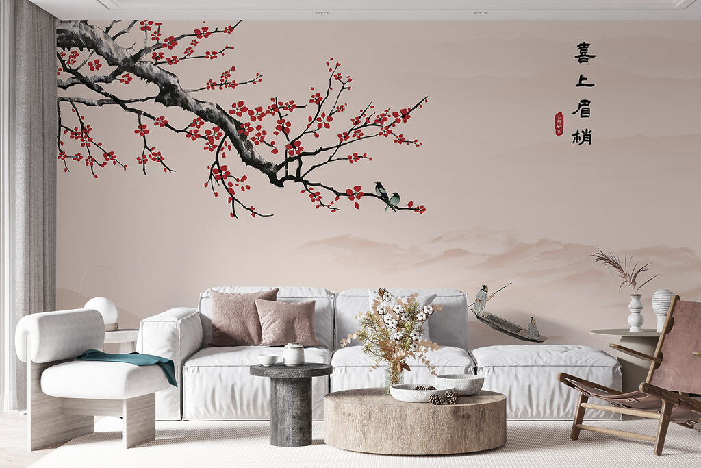 Tree branch with red flowers and a man on a boat Tree branch with red flowers and a man on a boat