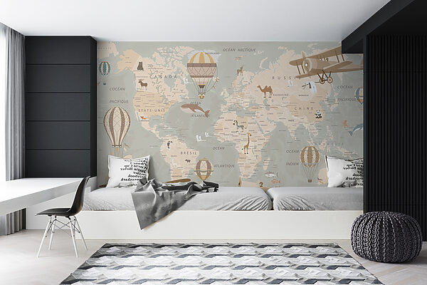 Map of the world with airplanes and hot air balloons