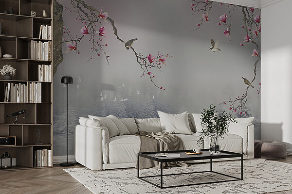 Tree branches with pink flowers and birds flying over water Tree branches with pink flowers and birds flying over water