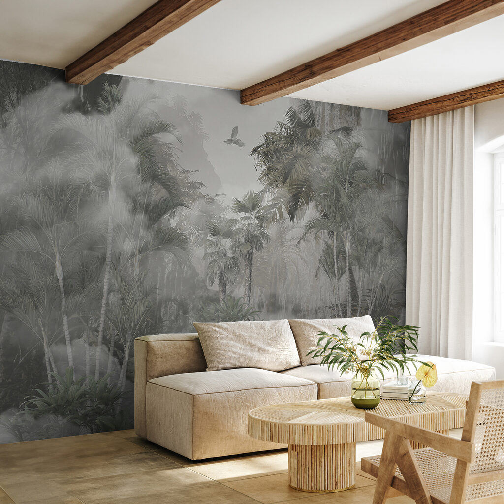 Foggy forest with trees and birds