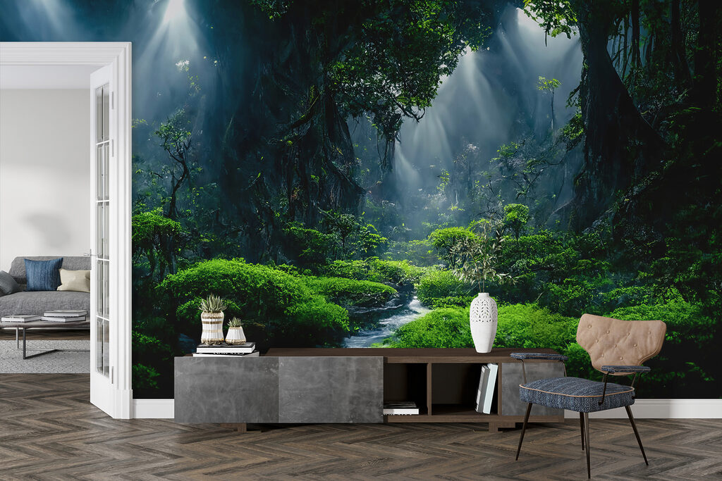 Stream in a forest with trees and plants