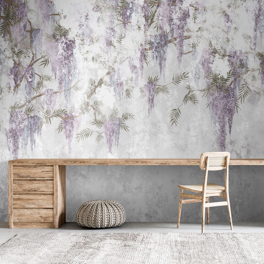 White wall with purple flowers