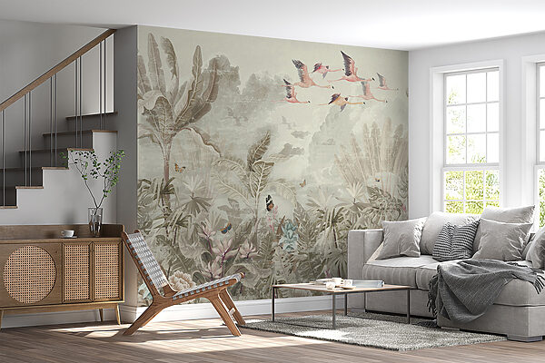 Mural of birds flying over a forest