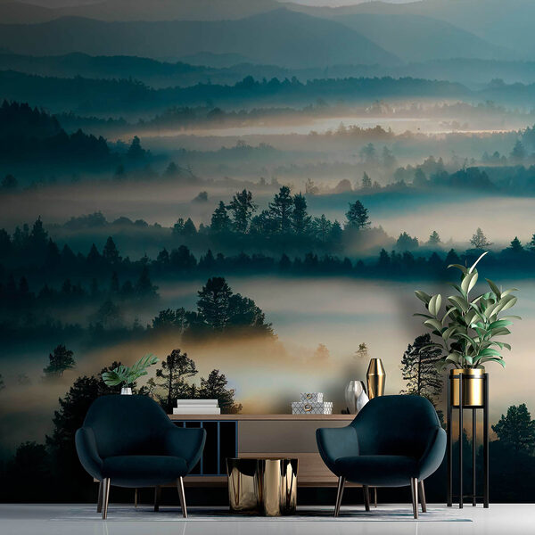 Foggy landscape with trees and mountains Foggy landscape with trees and mountains