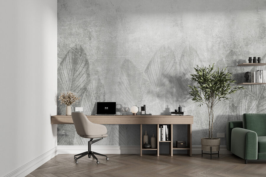 Wall murals White and grey background with leaves - Image 7