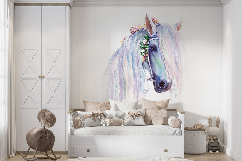 Watercolor of a horse with flowers on its head