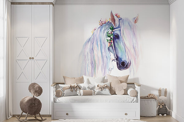 Watercolor of a horse with flowers on its head