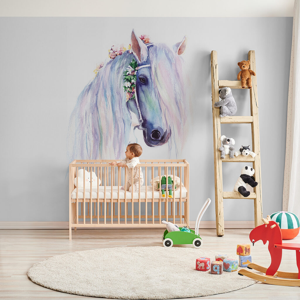 Watercolor of a horse with flowers on its head