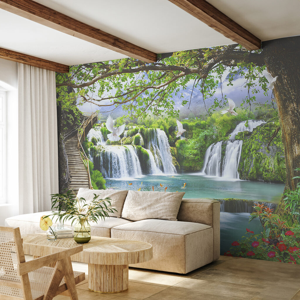 Waterfall with birds and a bridge