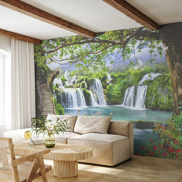 Waterfall with birds and a bridge