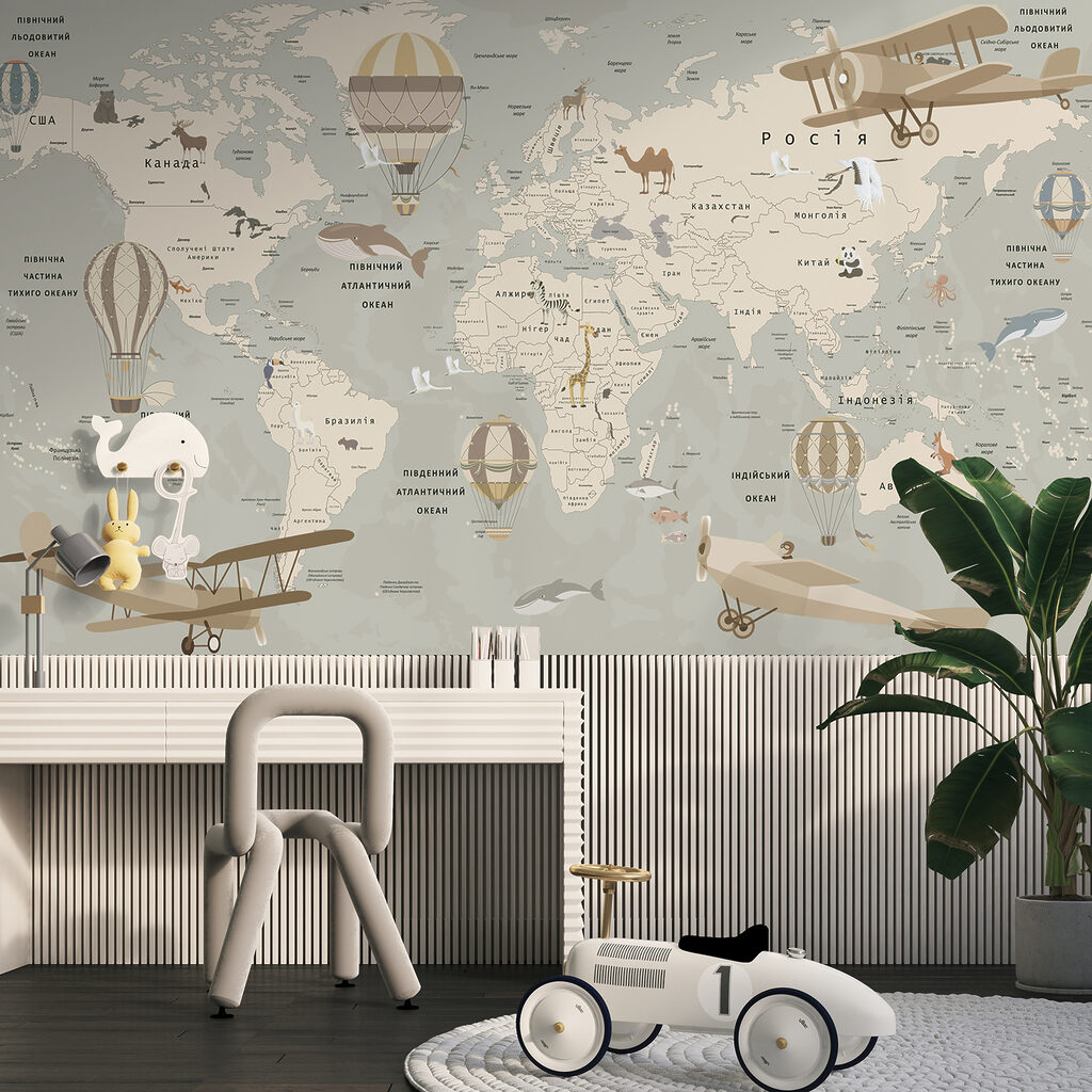 Map of the world with airplanes and animals