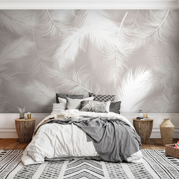 White feathers on a gray background White feathers on a gray background
