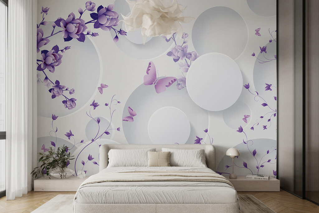 Purple flowers and white circles with purple butterflies Purple flowers and white circles with purple butterflies