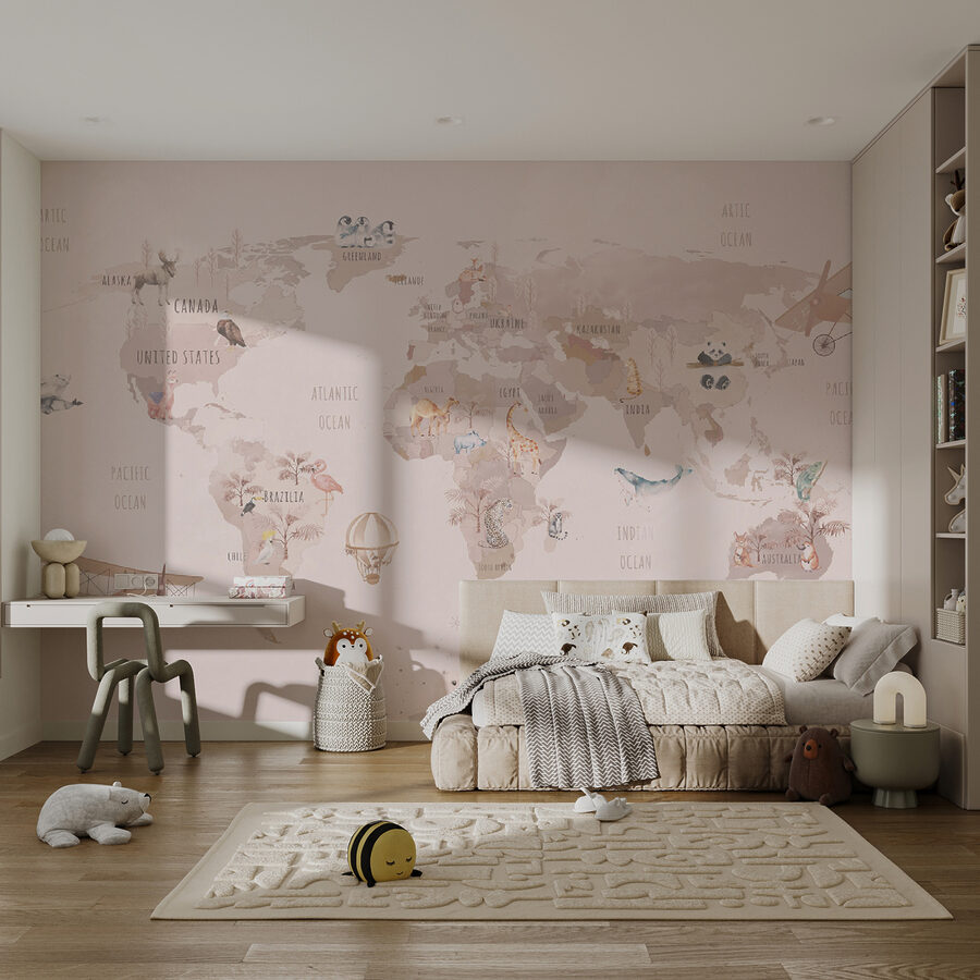 Map of the world with animals and birds