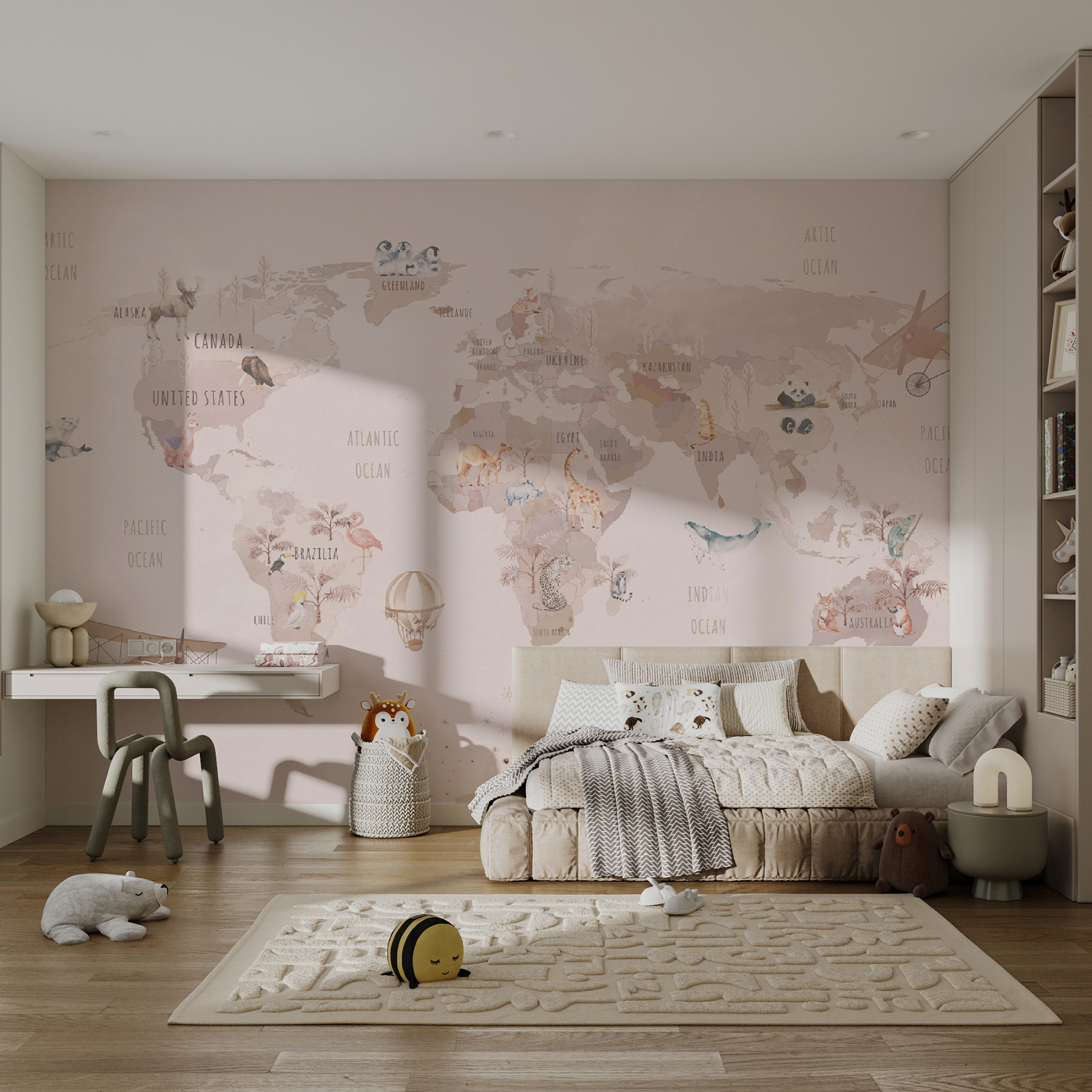 Map of the world with animals and birds