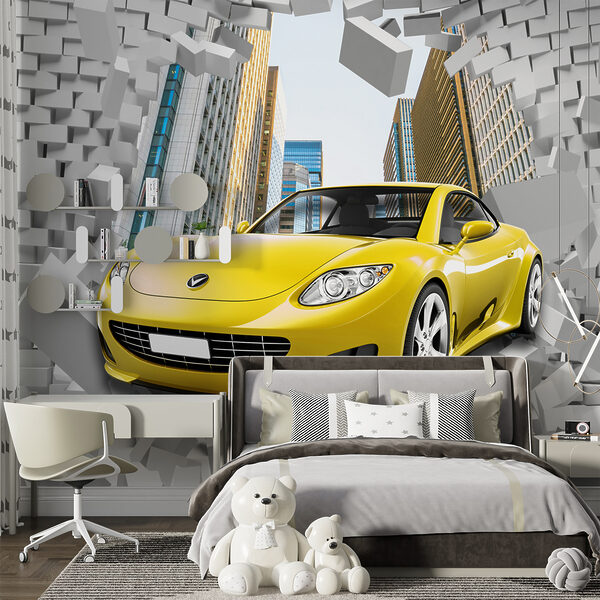Yellow car in a wall of bricks Yellow car in a wall of bricks