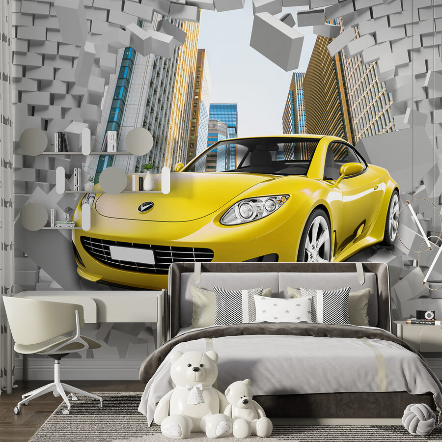 Yellow car in a wall of bricks Yellow car in a wall of bricks