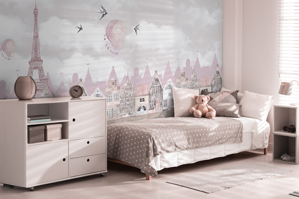 Pink and white cityscape with pink balloons and birds flying Pink and white cityscape with pink balloons and birds flying