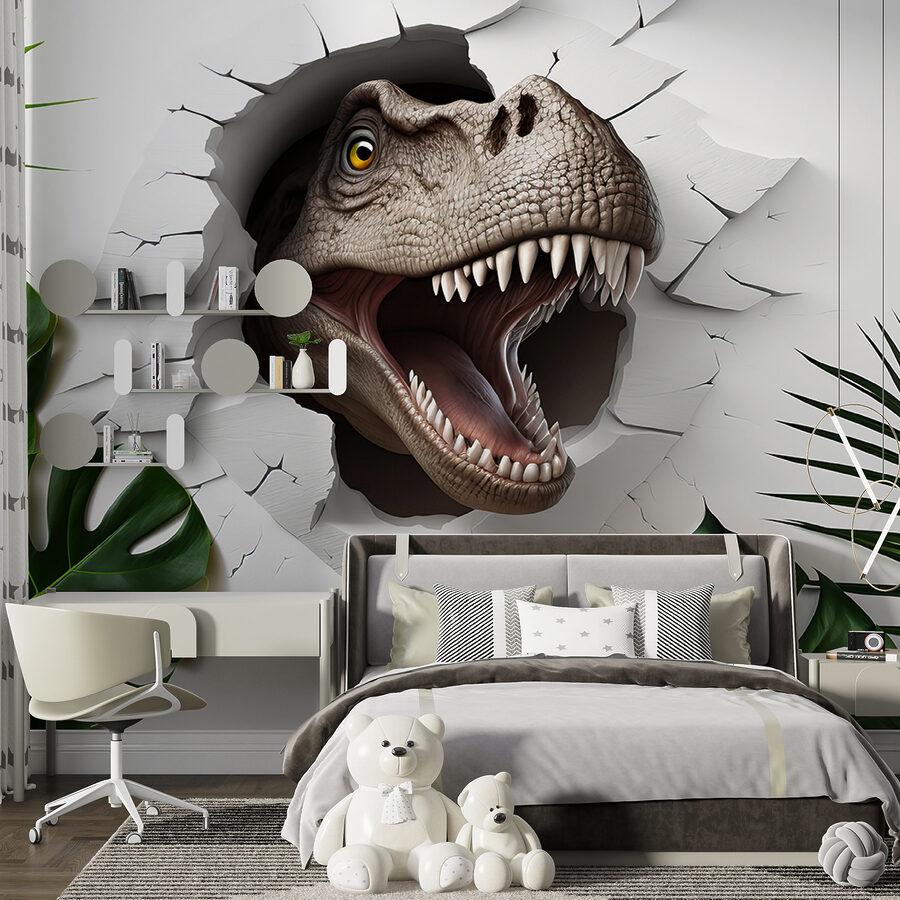Dinosaur head coming out of a hole in a wall