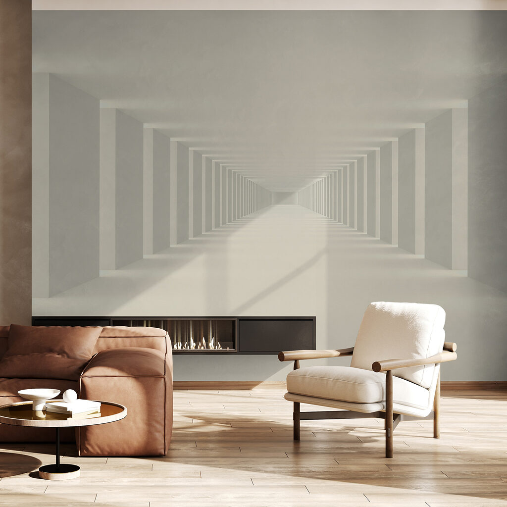 Long white room with columns