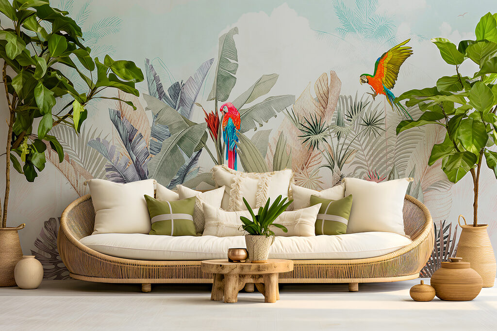 Wallpaper with tropical plants and birds