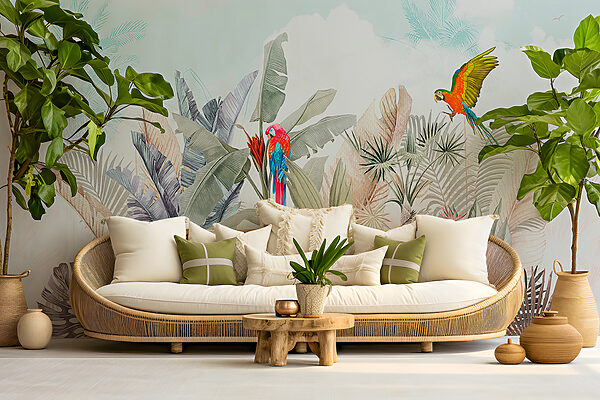 Wallpaper with tropical plants and birds Wallpaper with tropical plants and birds