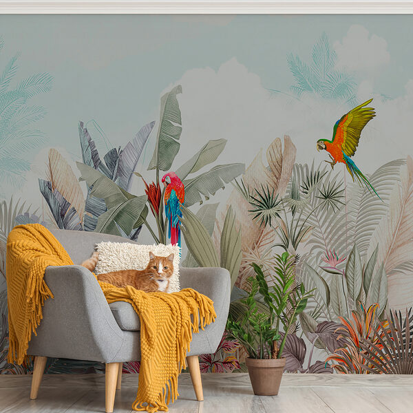 Wallpaper with tropical plants and birds Wallpaper with tropical plants and birds