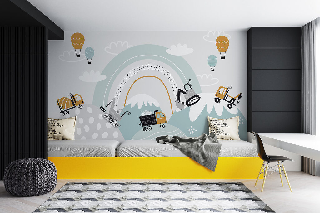 Cartoon of vehicles and a rainbow