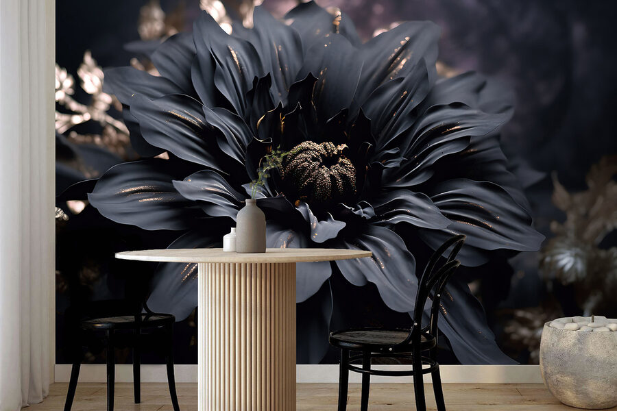 Elegant noir bloom shimmers in dark.