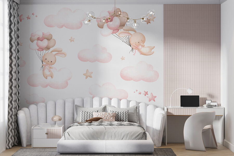 Group of pink clouds and a bunny holding balloons Group of pink clouds and a bunny holding balloons