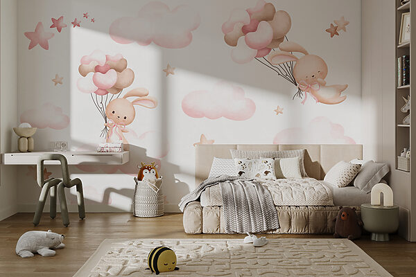 Group of pink clouds and a bunny holding balloons Group of pink clouds and a bunny holding balloons