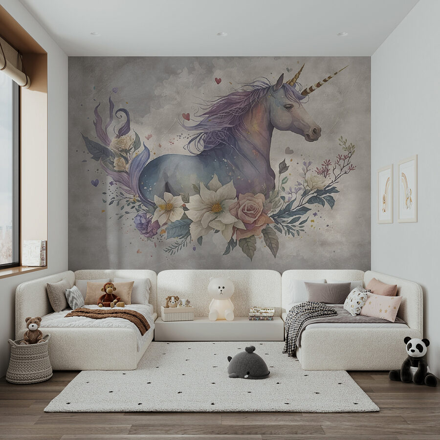 Wall murals A unicorn with flowers and leaves - Image 7