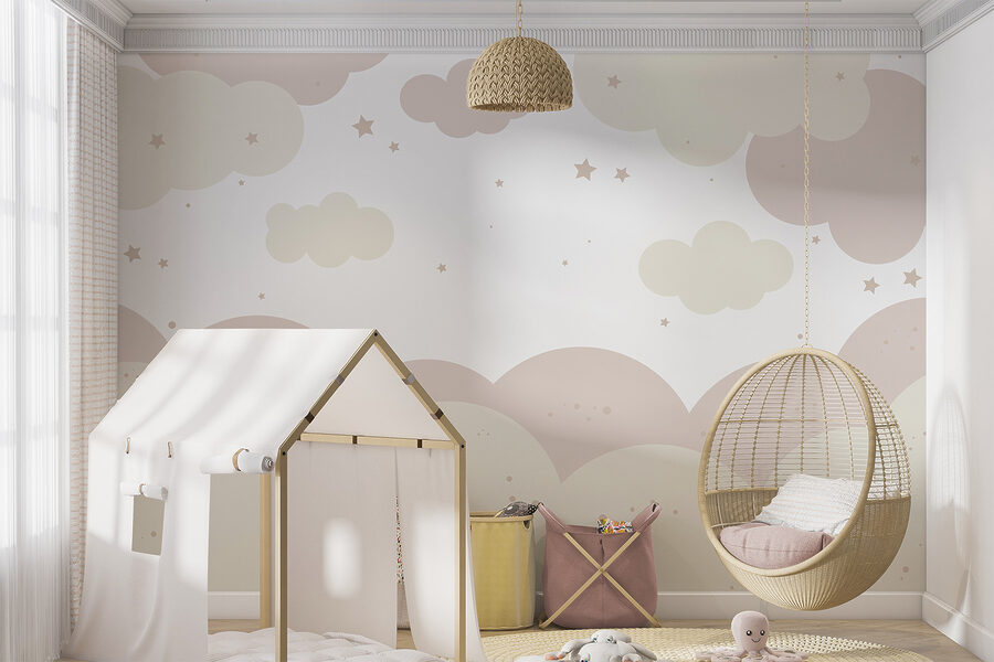 Pink and white clouds and stars