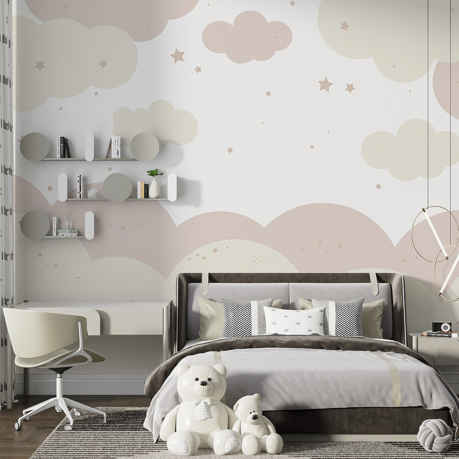 Pink and white clouds and stars