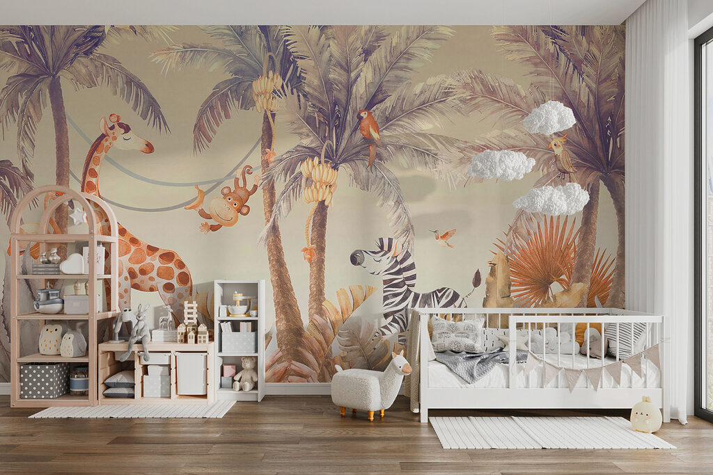 Giraffe and zebra in a jungle