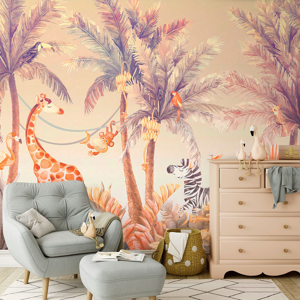 Giraffe and zebra in a jungle