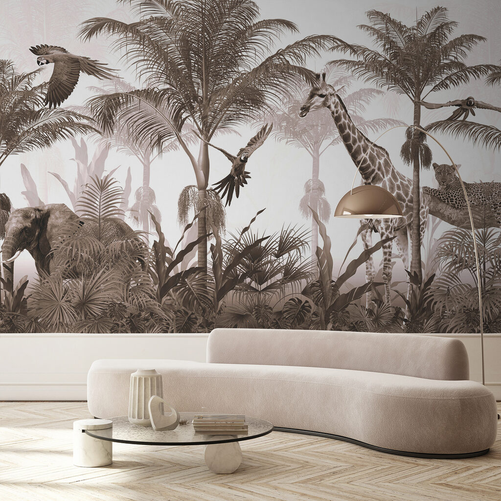 Giraffes and a parrot in a forest