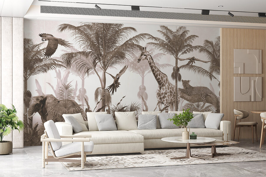 Giraffes and a parrot in a forest