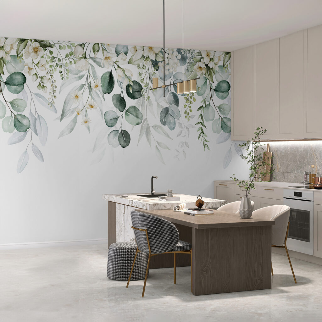 Watercolor painting of flowers and leaves