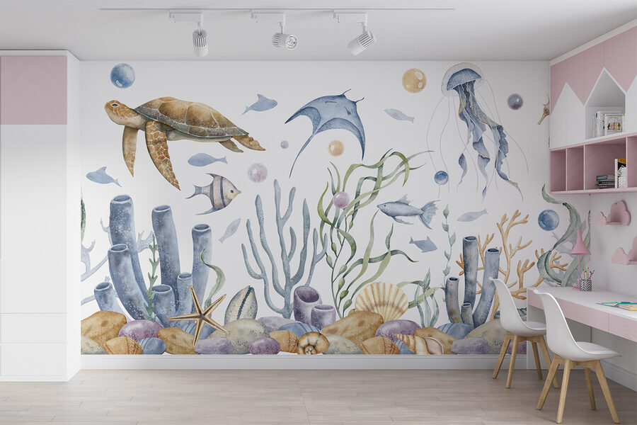 Sea life with fish and seaweed