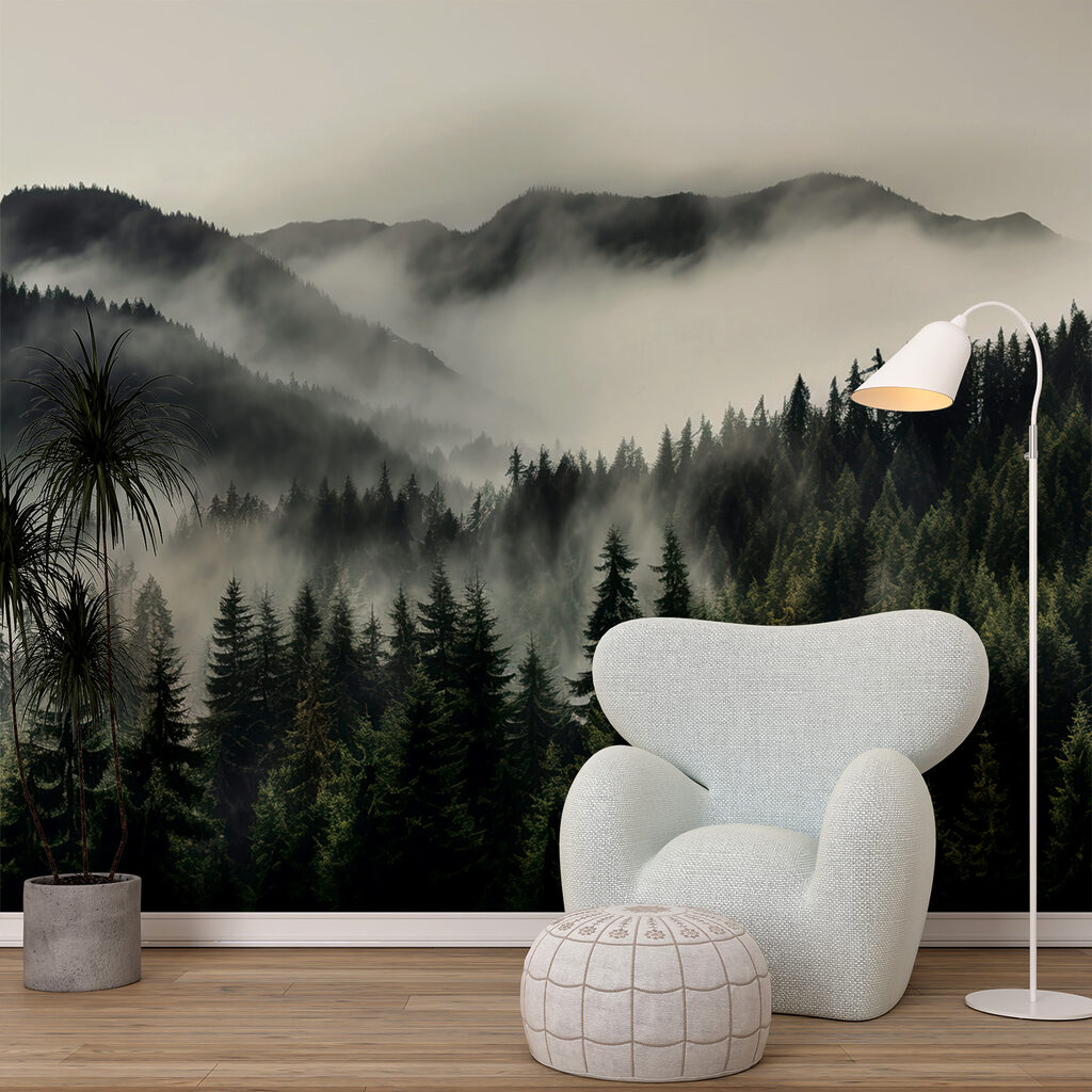 Forest with fog and mountains